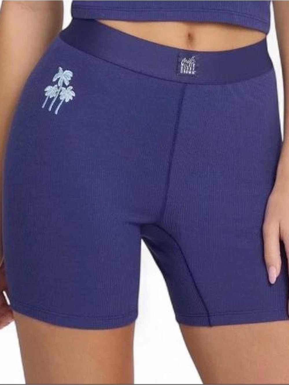Bobbi Brown Navy Ribbed Athletic Bike Shorts with Light Blue Palm Motif